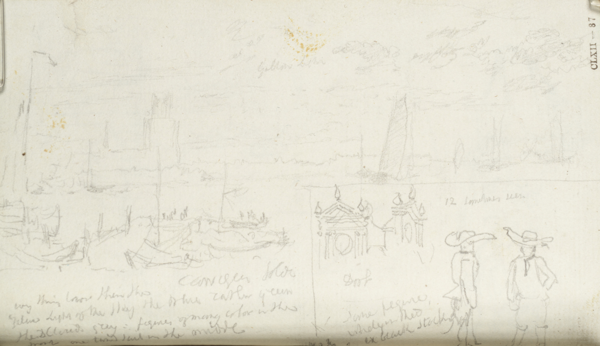 Gezicht op Dordrecht en detail Kerktoren met figuren